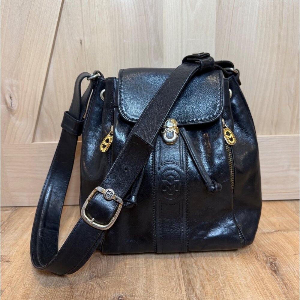 Marino Orlandi Black Leather Backpack with Gold Accents